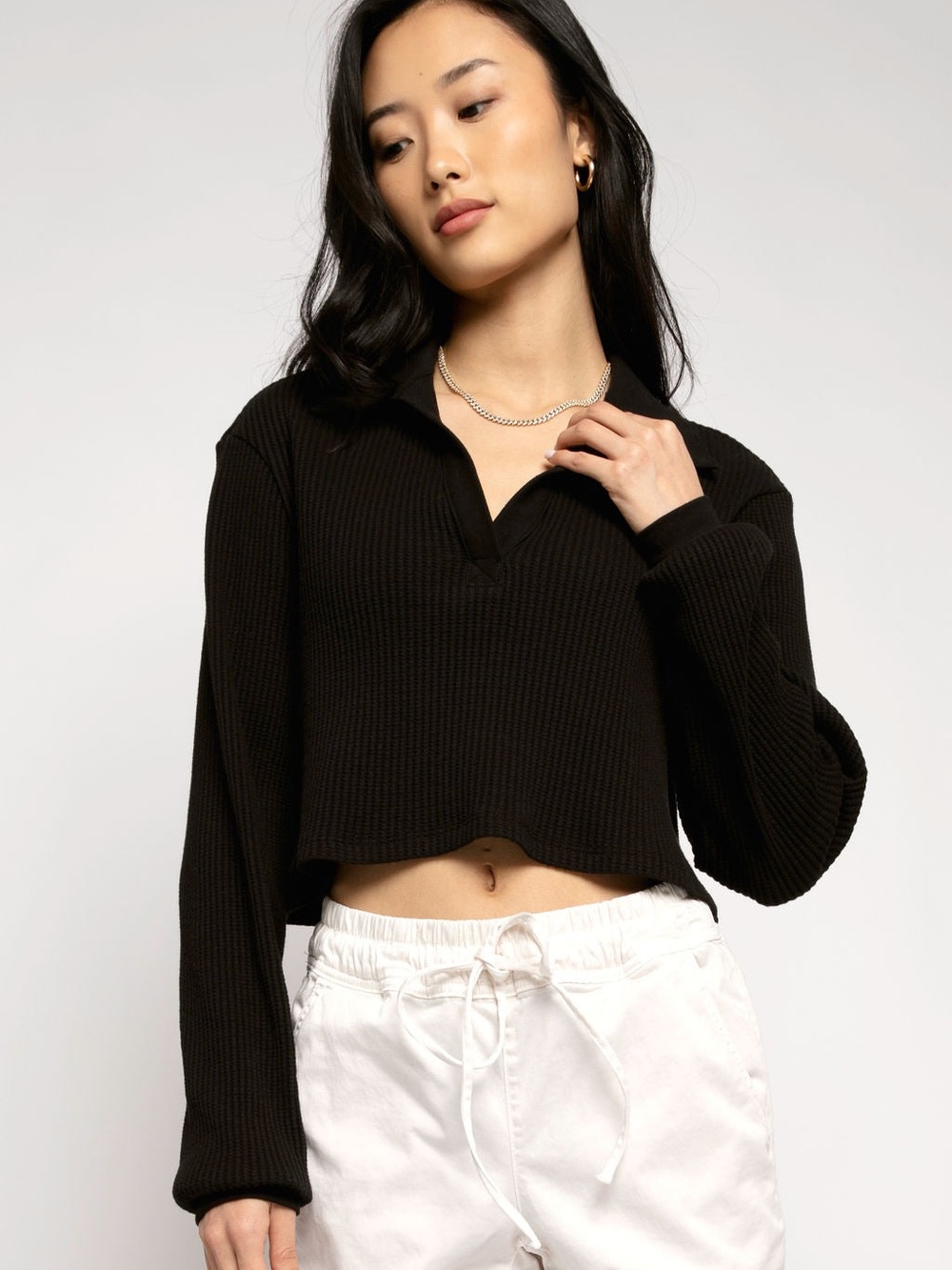Cropped Black Waffle-Knit Polo Top